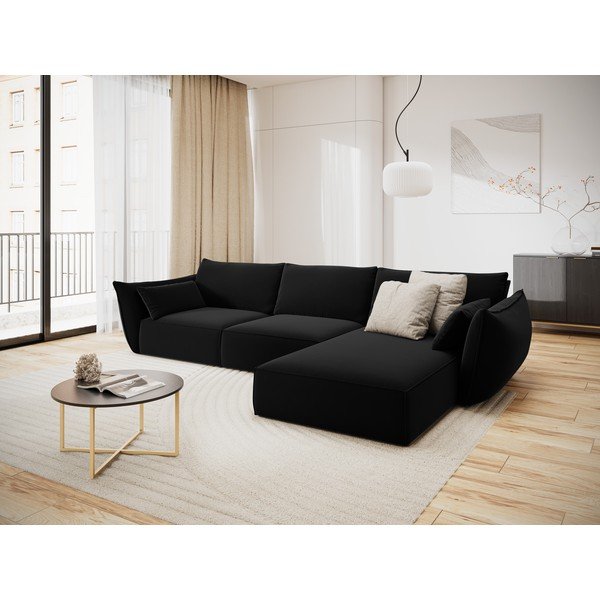 Černá sametová rohová pohovka (pravý roh/s lenoškou) Vanda – Mazzini Sofas-image-1