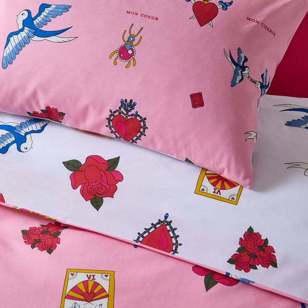 Bílé/růžové bavlněné povlečení na dvoulůžko/prodloužené 230x220 cm Mon Coeur – Their Nibs-image-4