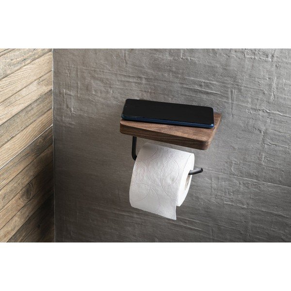 Hnědý nástěnný dřevěný držák na toaletní papír s poličkou – Sapho-image-2