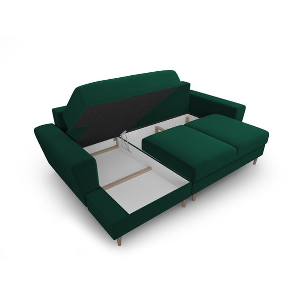 Zelená sametová rozkládací/s úložným prostorem rohová pohovka (levý roh/s lenoškou) Kyoto – Cosmopolitan Design-image-3