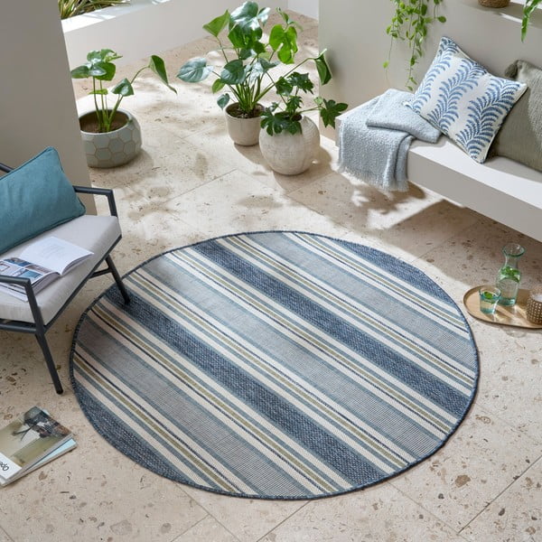 Kulatý vnitřní a venkovní koberec zelenomodrý ø 160 cm Roma Stripe – Flair Rugs-image-1