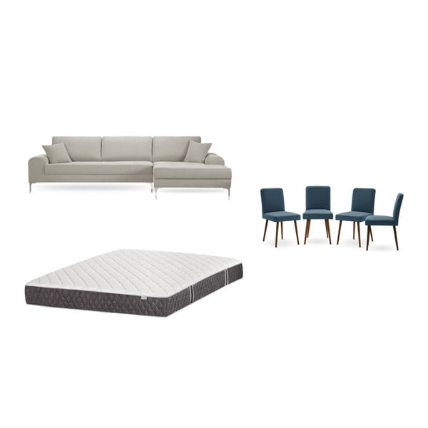 Set krémové pohovky s lenoškou vpravo, 4 modrých židlí a matrace 160 x 200 cm Home Essentials