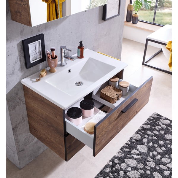 Hnědá závěsná skříňka v dekoru dubu bez umyvadla 71x51 cm Set 374 - Pelipal-image-3