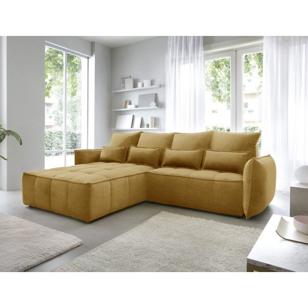 Žlutá sametová rozkládací/s úložným prostorem rohová pohovka (levý roh/s lenoškou) Campo – ELTAP-image-1