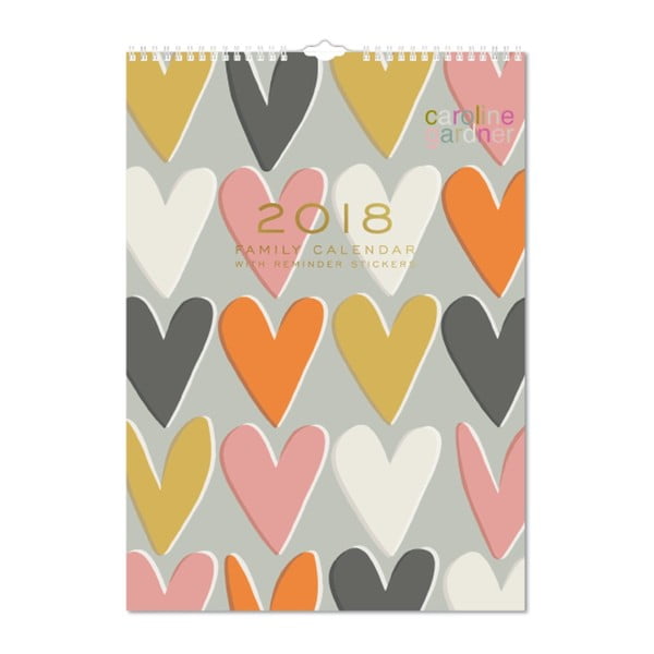 Nástěnný rodinný kalendář pro rok 2018 s lepíky Portico Designs Caroline Gardner Hearts, A3
