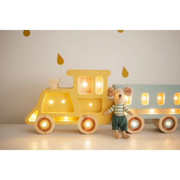 Žluto-modrá stolní lampa z borovicového dřeva Little Lights Train, délka 58 cm-image-2