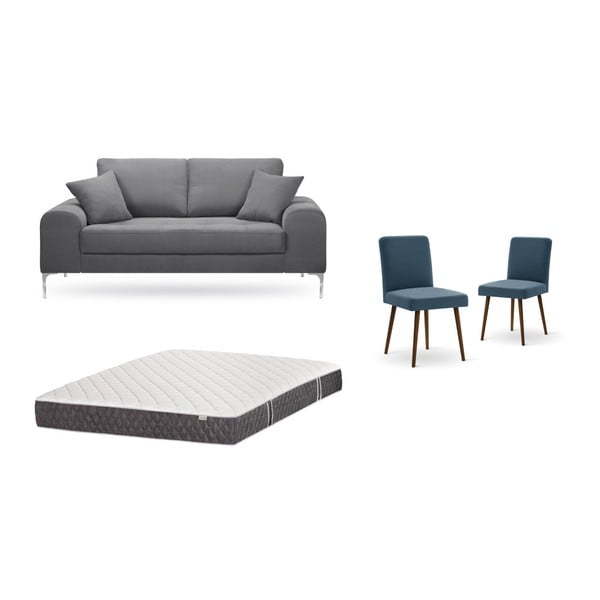 Set dvoumístné šedé pohovky, 2 modrých židlí a matrace 140 x 200 cm Home Essentials