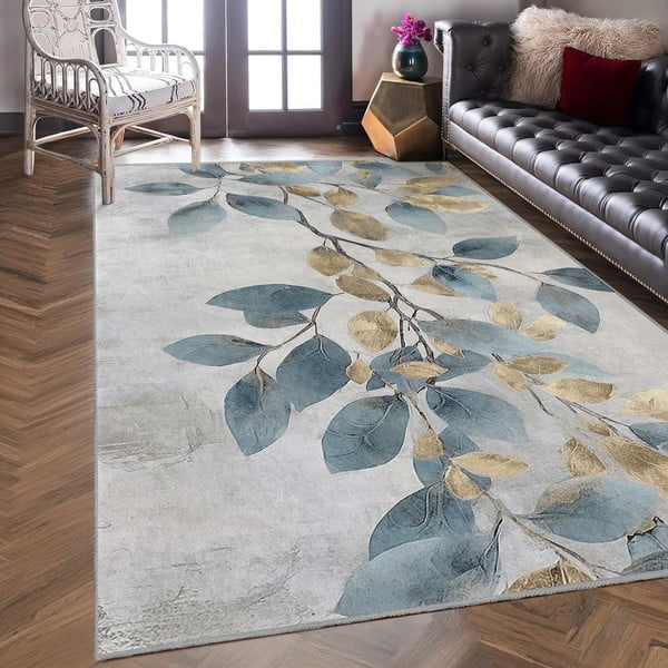 Pratelný koberec ve světle modré a zlaté barvě 80x150 cm Golden Leaves – Mila Home-image-3