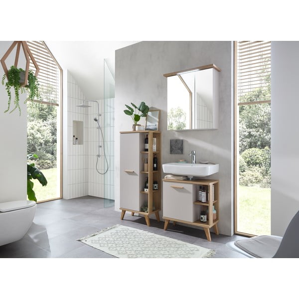 Krémová vysoká koupelnová skříňka v dekoru dubu 50,5x128 cm Quickset 966 – Pelipal-image-3