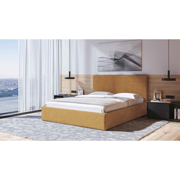Okrově žlutá čalouněná dvoulůžková postel s úložným prostorem s roštem 160x200 cm Bufo – MESONICA-image-1