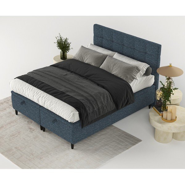 Tmavě modrá čalouněná dvoulůžková postel s úložným prostorem 180x200 cm Senses – Maison de Rêve-image-3