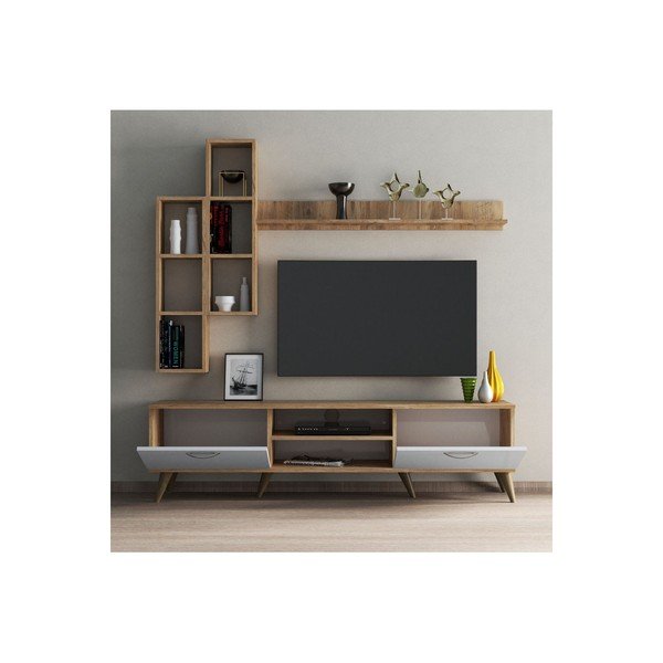 Bílá/přírodní TV  sestava  v dekoru borovice 180x48 cm Veronica – Kalune Design-image-3