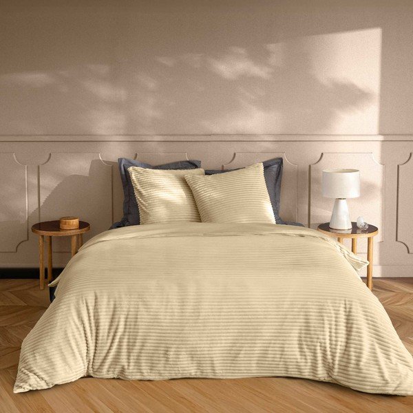 Béžové 3dílné flanelové povlečení na dvoulůžko/prodloužené 240x220 cm Veloutea – douceur d'intérieur-image-1