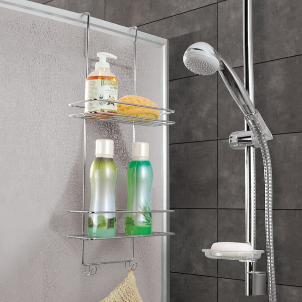 Závěsná ocelová koupelnová polička bez vrtání v leskle stříbrné barvě Luxy – Metaltex-image-1