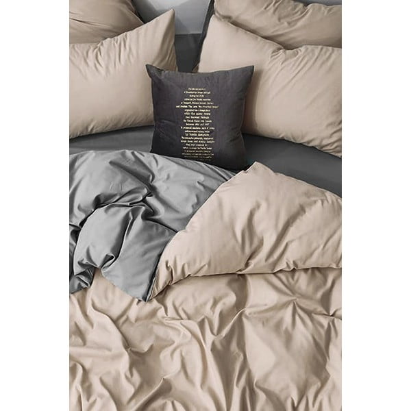 Šedo-béžové 4dílné prodloužené povlečení na dvoulůžko z bavlny Renforcé s prostěradlem 200x220 cm – Mila Home