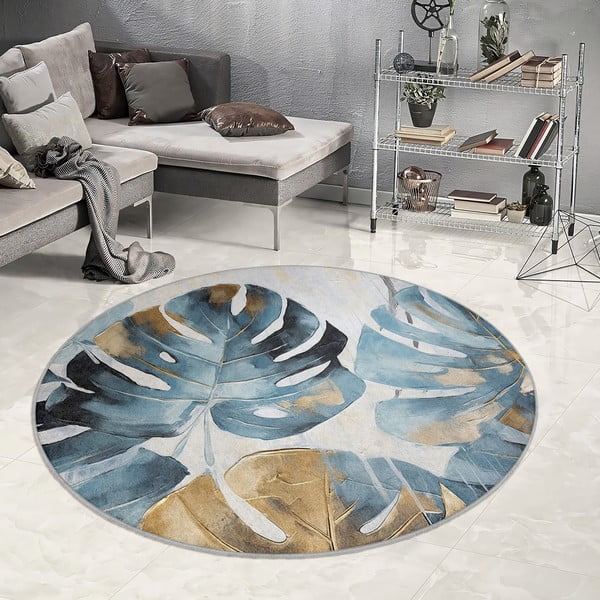 Modrý pratelný kulatý koberec ø 150 cm Golden Leaves – Mila Home-image-4