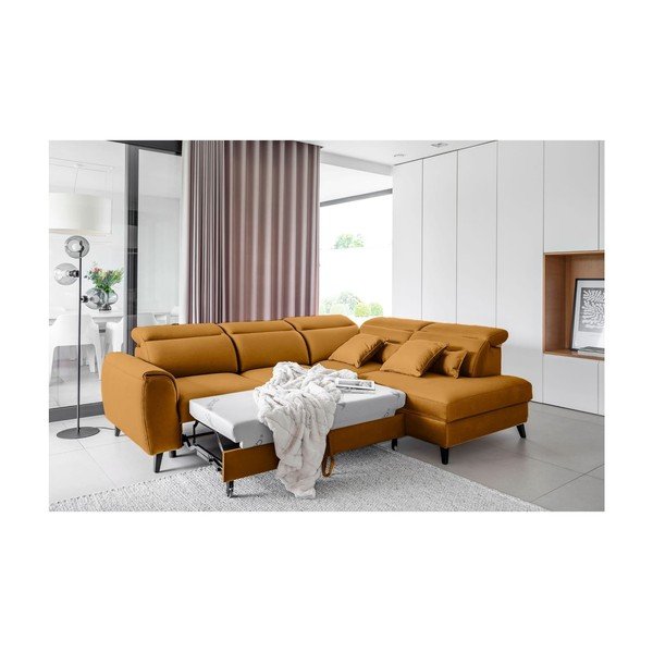 Žlutá sametová rozkládací/s úložným prostorem rohová pohovka (pravý roh/do L) Noble – ELTAP-image-4