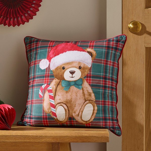 Dekorační polštář s vánočním motivem 45x45 cm Christmas Tartan Teddy Bear – Catherine Lansfield-image-1