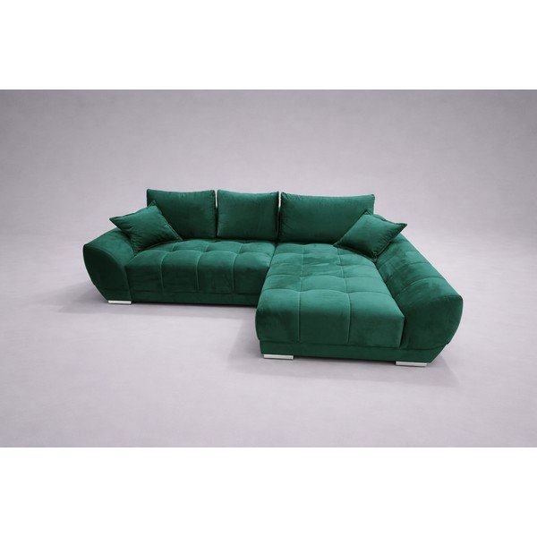 Tmavě zelená sametová rozkládací/s úložným prostorem rohová pohovka (pravý roh/s lenoškou) Nuage - II. jakost – Windsor & Co Sofas-image-1
