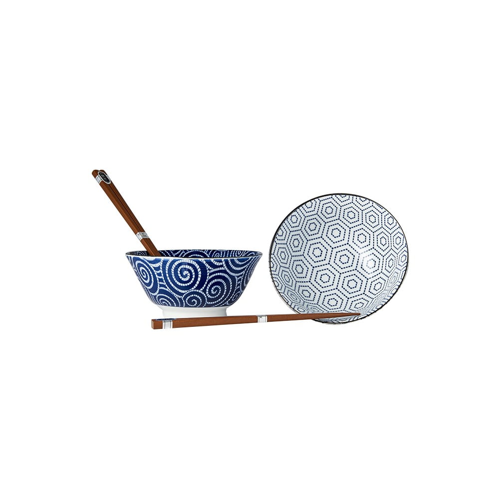 Set 2 modro-bílých keramických misek a jídelních hůlek MIJ Honeycomb