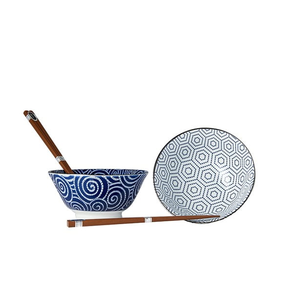 Set 2 modro-bílých keramických misek a jídelních hůlek MIJ Honeycomb