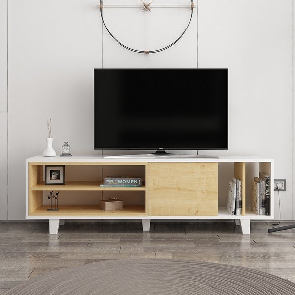 Bílý/přírodní TV stolek v dekoru dubu 160x49 cm Rosmar – Kalune Design-image-2