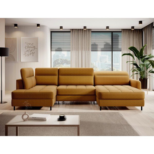 Žlutá sametová rozkládací/s úložným prostorem rohová pohovka (levý roh/do "U") Berrto – ELTAP-image-1