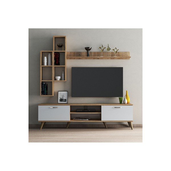 Bílá/přírodní TV  sestava  v dekoru borovice 180x48 cm Veronica – Kalune Design-image-2