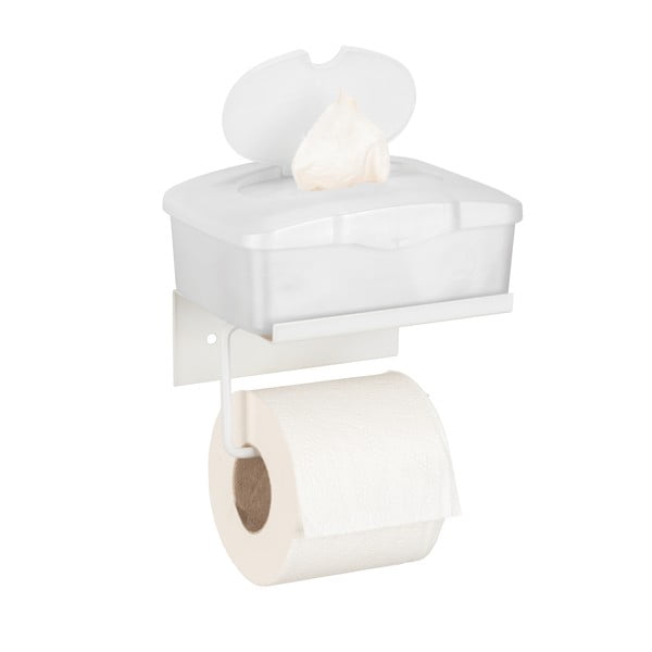 Bílý samodržící kovový držák na toaletní papír s poličkou Desulo – Wenko-image-3
