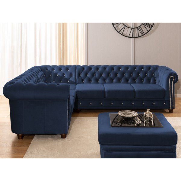 Modrá sametová rozkládací rohová pohovka (levý roh/do L) York Blik – Ropez-image-4