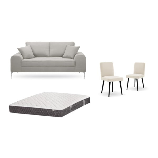 Set dvoumístné světle šedé pohovky, 2 krémových židlí a matrace 140 x 200 cm Home Essentials