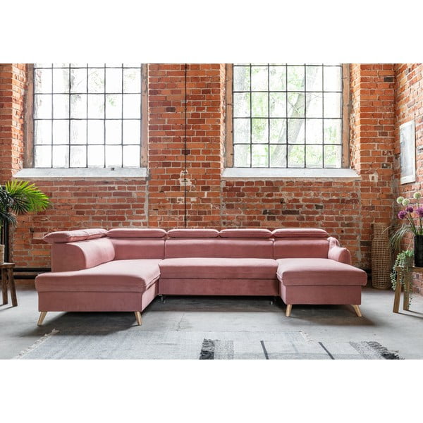 Světle růžová sametová rozkládací rohová pohovka do "U" (levý roh) Sweet Harmony – Miuform-image-1