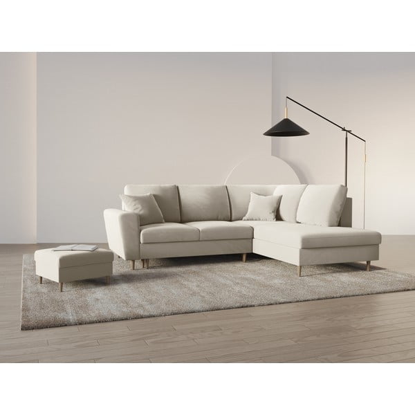 Béžová sametová rozkládací/s úložným prostorem rohová pohovka (pravý roh/do L) Kyoto – Cosmopolitan Design-image-2