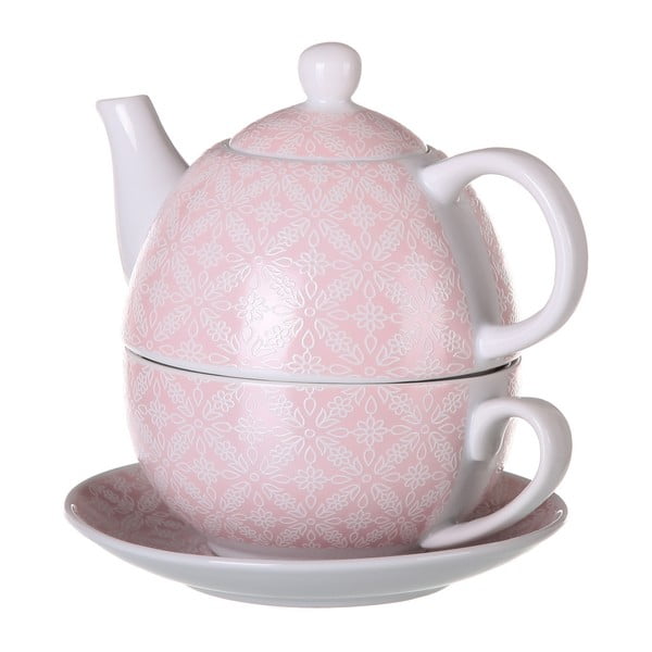 Set růžové porcelánové konvičky, hrnečku a podšálku Unimasa Tea, 450 ml