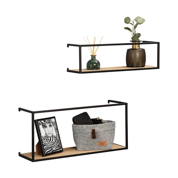 Sada 2 borovicových polic s černou kovovou konstrukcí Wenko Pieces, délka 55 cm-image-3