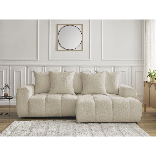 Béžová rozkládací/s úložným prostorem rohová pohovka z textilie bouclé (pravý roh/s lenoškou) Roxelane – Bobochic Paris-image-1