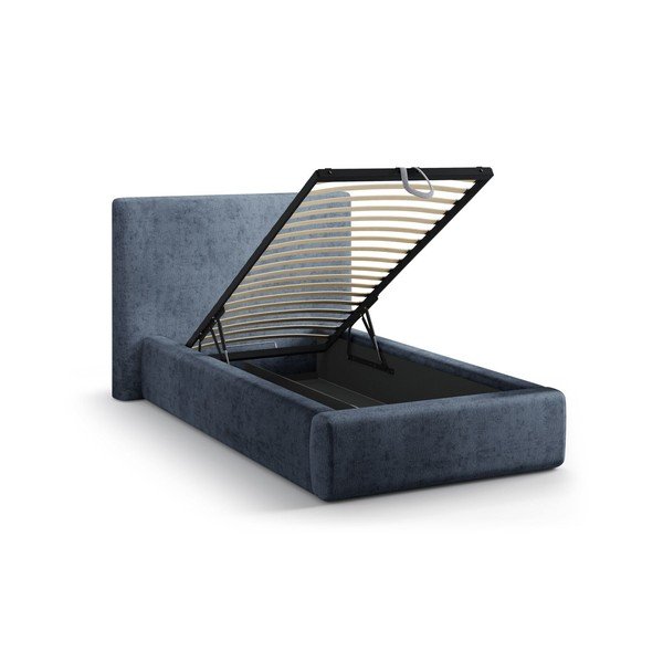 Tmavě modrá čalouněná jednolůžková postel s úložným prostorem s roštem 90x200 cm Amy – Micadoni -image-1