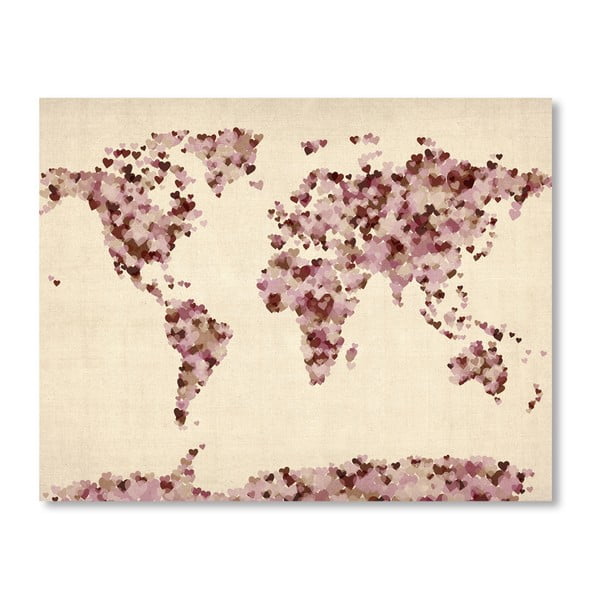 Plakát s růžovou mapou světa Americanflat Heart, 60 x 42 cm