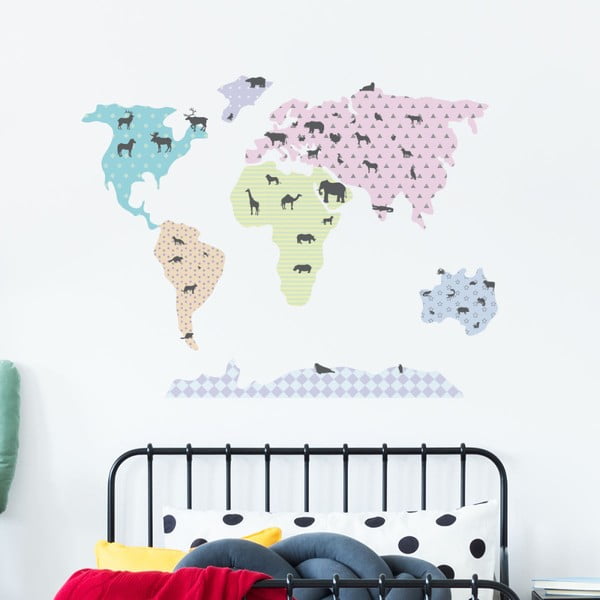 Set nástěnných samolepek Ambiance World Map Pastel with Animals