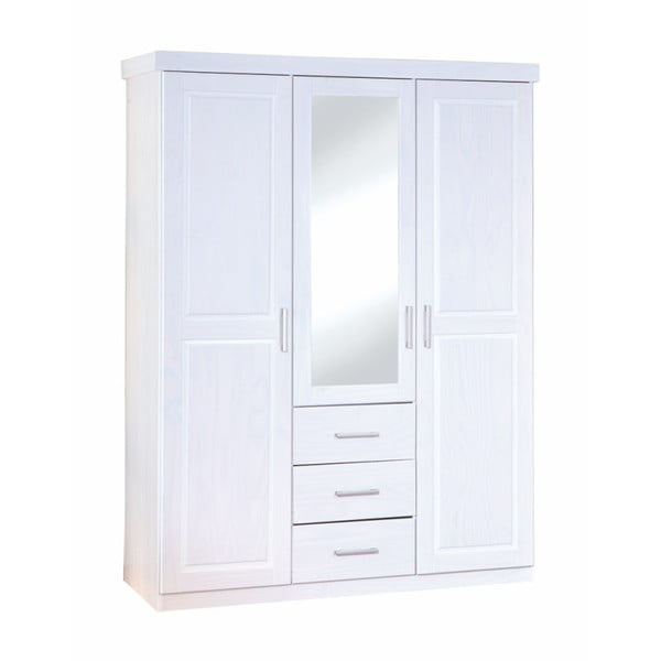 Bílá šatní skříň se zrcadlem z masivního borovicového dřeva Interlink Geraldo