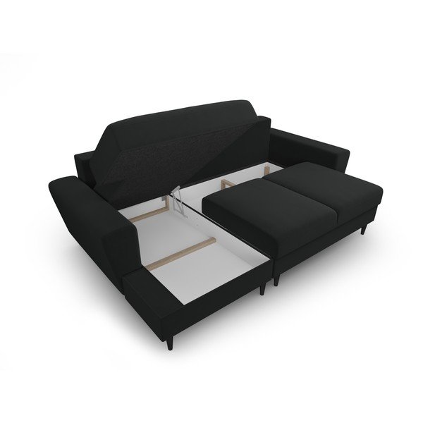 Černá sametová rozkládací/s úložným prostorem rohová pohovka (levý roh/s lenoškou) Kyoto – Cosmopolitan Design-image-3