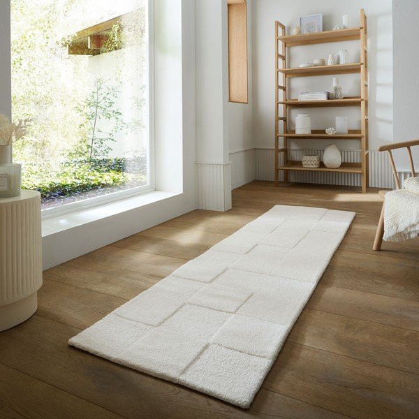 Slonovinový ručně tkaný vlněný běhoun 60x230 cm Checkerboard – Flair Rugs-image-1