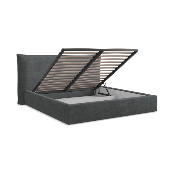 Tmavě šedá čalouněná dvoulůžková postel s úložným prostorem s roštem 140x200 cm Esala – Makamii-image-3