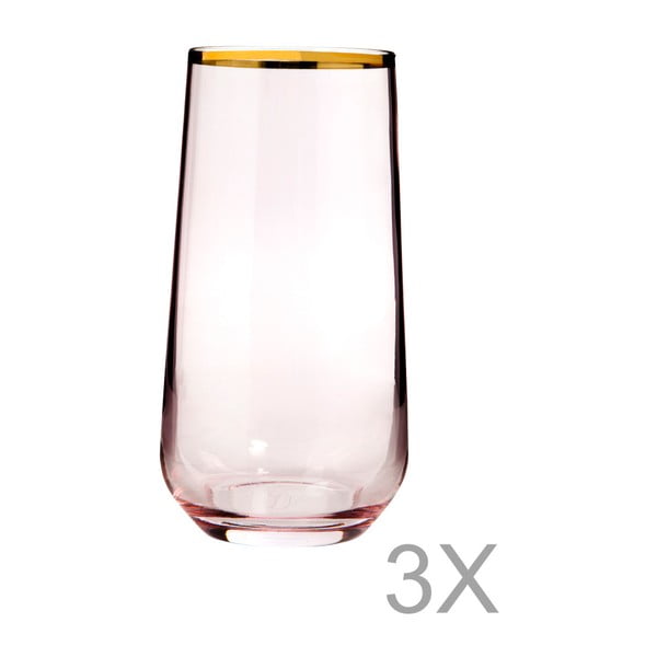 Sada 3 vysokých sklenic z růžového skla s okrajem zlaté barvy Mezzo Paris, 250 ml