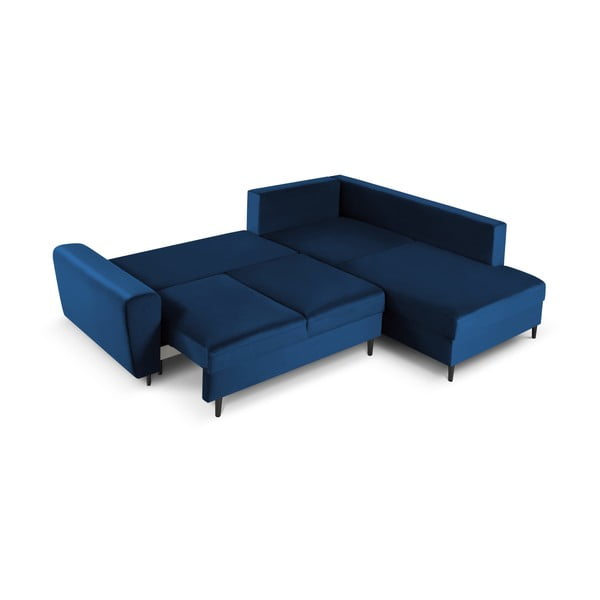 Modrá sametová rozkládací/s úložným prostorem rohová pohovka (pravý roh/do L) Kyoto – Cosmopolitan Design-image-2