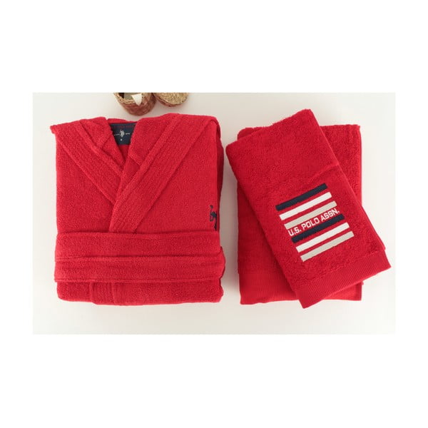 Červená sada dámského županu a 2 ručníků U.S. Polo Assn. Lutsen, vel. XL