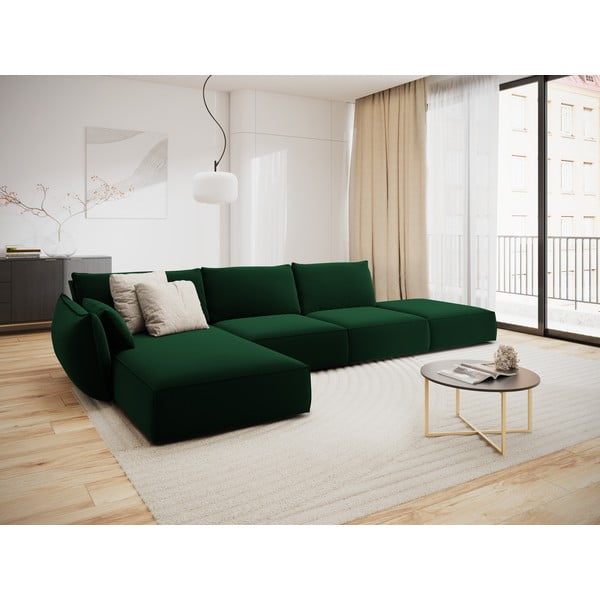 Tmavě zelená sametová rohová pohovka (levý roh/s lenoškou) Vanda – Mazzini Sofas-image-1