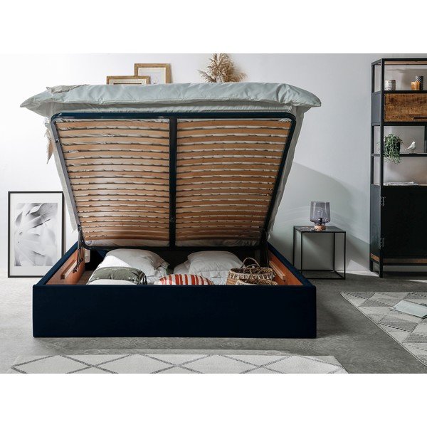 Tmavě modrá čalouněná dvoulůžková postel s úložným prostorem s roštem 160x200 cm Palmyre – Bobochic Paris-image-3