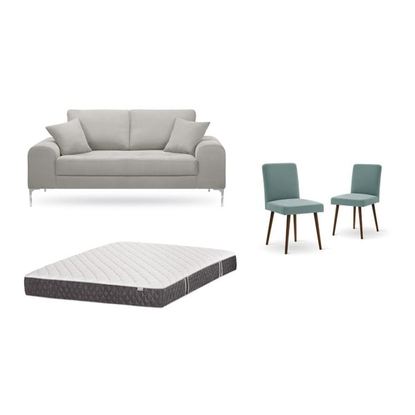 Set dvoumístné světle šedé pohovky, 2 šedozelených židlí a matrace 140 x 200 cm Home Essentials
