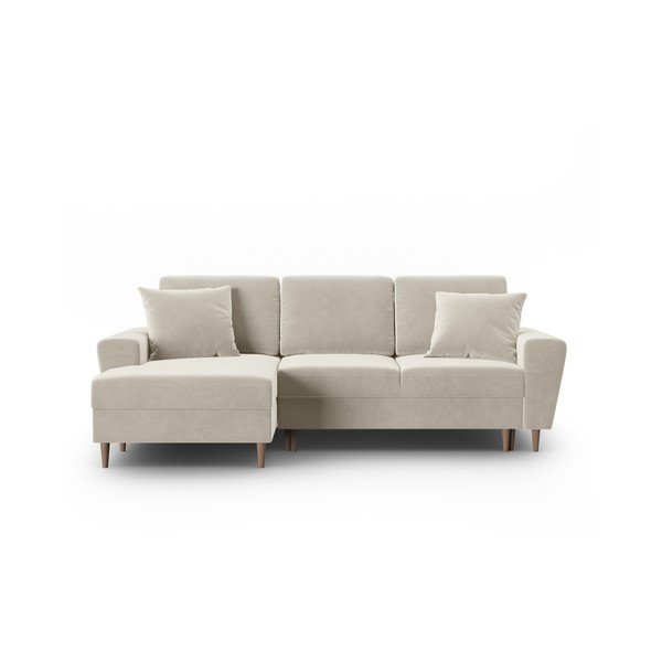 Béžová sametová rozkládací/s úložným prostorem rohová pohovka (levý roh/s lenoškou) Kyoto – Cosmopolitan Design